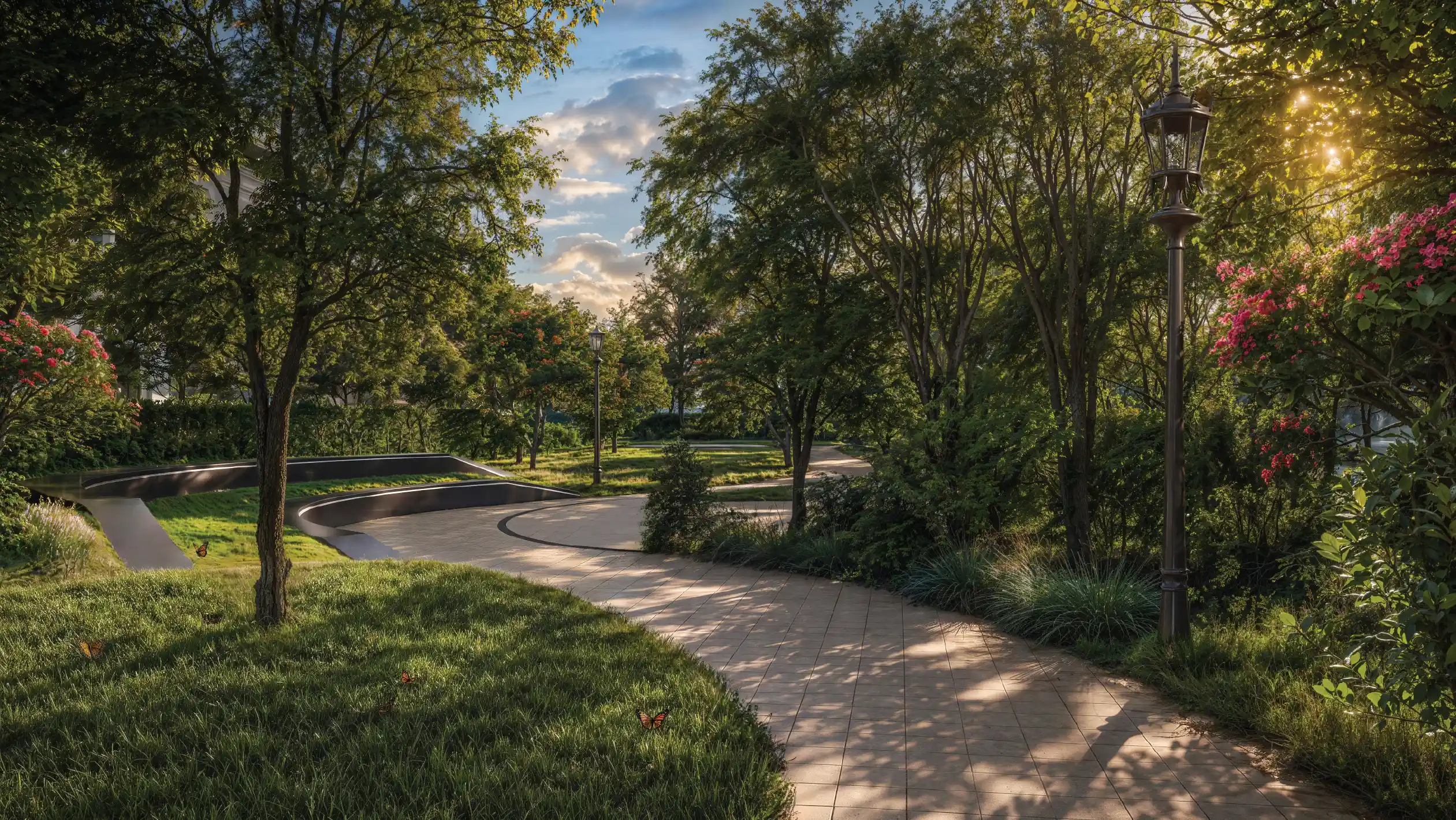 Landscaped garden walkway at Godrej Florenne, Whitefield