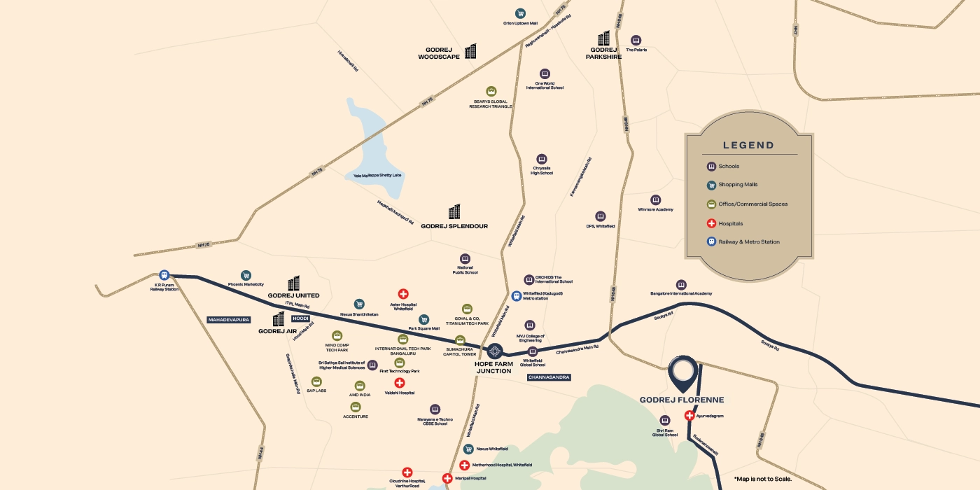 Godrej Florenne location map – Off Soukya Road, Whitefield, with Hope Farm Junction, schools and hospitals nearby